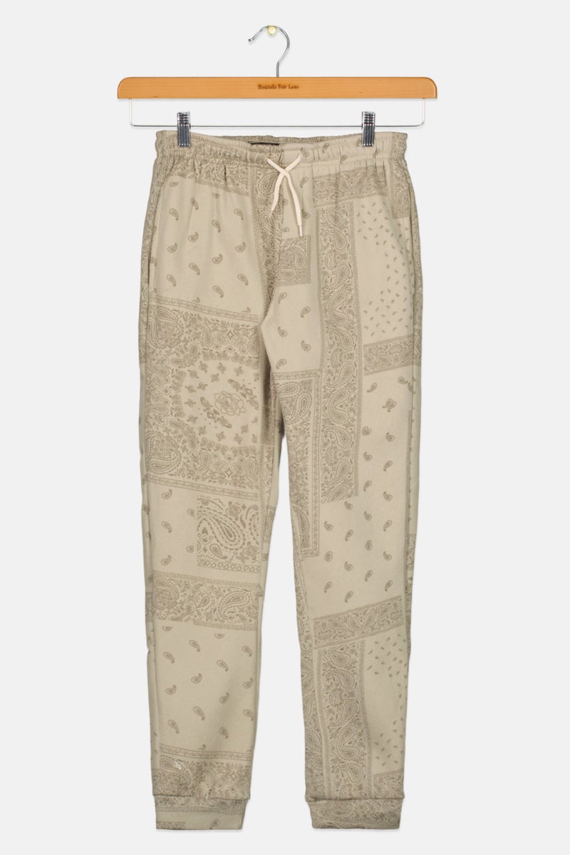 brooklyn Kids Boy Drawstring Paisley Print Jogger Pants, Beige  - Image 1
