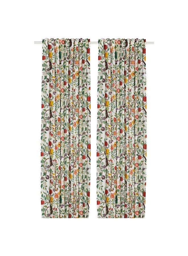 erorex Curtains, 1 pair, white multicolour/floral pattern with heading tape, 145x300 cm - Image 1