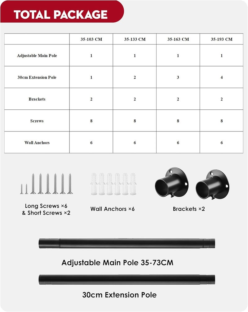 Tiemlet Extendable Wardrobe Rod, Black Stainless Steel Retractable Wardrobe Rail, 74-103cm Adjustable Clothes Rail for Wardrobe and Balcony (25MM) - Image 5