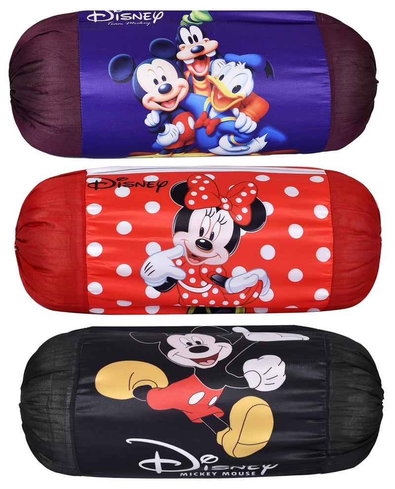 Kuber Industries Kuber Industries Disney Minnie Mickey Print Silk Special Long Crush Bolster Cover- Set of 3, Roral Blue & Black & Red-KUBMART0158 - Image 1