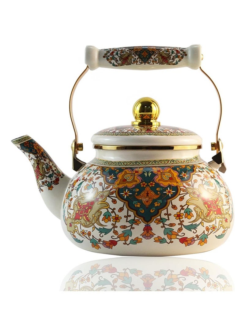 Aikanbo 2.5L Floral Enamel Teapot，Vintage Gold Beige Teapot，Colorful Hot Water Coffee Pot，Porcelain Teapot with Ceramic Handle and Strainer，Suitable for Stovetop Hot Water，Kitchen Decor (Russian Floral) - Image 1