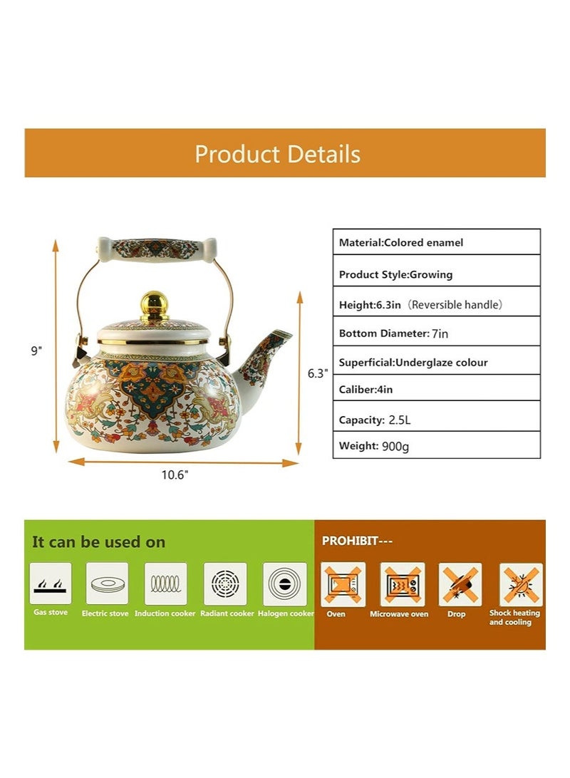 Aikanbo 2.5L Floral Enamel Teapot，Vintage Gold Beige Teapot，Colorful Hot Water Coffee Pot，Porcelain Teapot with Ceramic Handle and Strainer，Suitable for Stovetop Hot Water，Kitchen Decor (Russian Floral) - Image 2