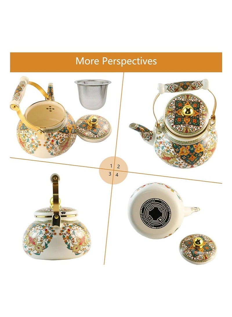 Aikanbo 2.5L Floral Enamel Teapot，Vintage Gold Beige Teapot，Colorful Hot Water Coffee Pot，Porcelain Teapot with Ceramic Handle and Strainer，Suitable for Stovetop Hot Water，Kitchen Decor (Russian Floral) - Image 3
