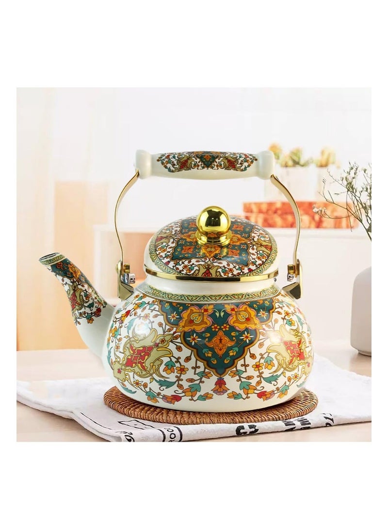 Aikanbo 2.5L Floral Enamel Teapot，Vintage Gold Beige Teapot，Colorful Hot Water Coffee Pot，Porcelain Teapot with Ceramic Handle and Strainer，Suitable for Stovetop Hot Water，Kitchen Decor (Russian Floral) - Image 4
