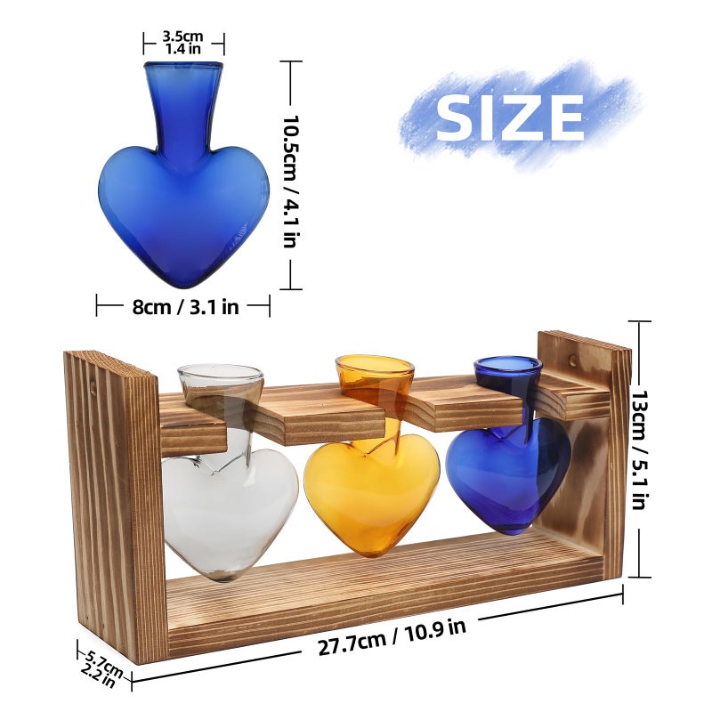 MTsigns Plant Terrarium Propagation Stations Hydroponics Home Garden Decoration Gift for Women with Wooden Stand Heart Shaped Colored Glass Vase - Image 4