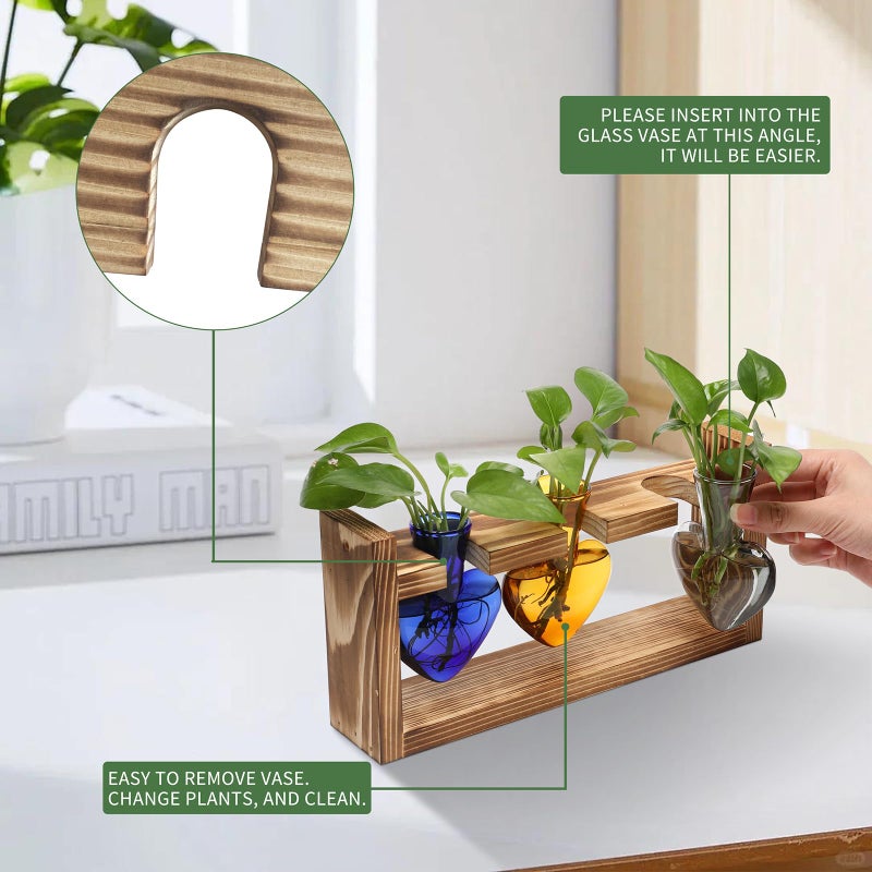 MTsigns Plant Terrarium Propagation Stations Hydroponics Home Garden Decoration Gift for Women with Wooden Stand Heart Shaped Colored Glass Vase - Image 2