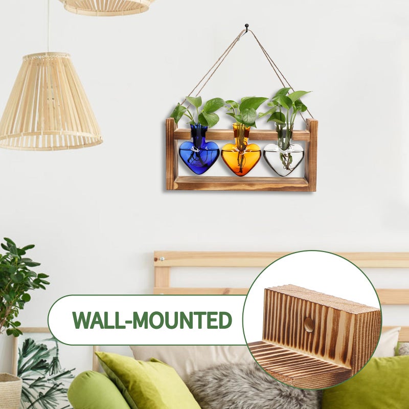 MTsigns Plant Terrarium Propagation Stations Hydroponics Home Garden Decoration Gift for Women with Wooden Stand Heart Shaped Colored Glass Vase - Image 3