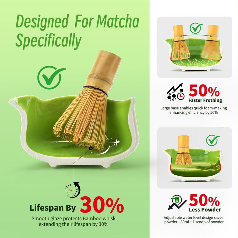 TEANAGOO 7-PCS Green Matcha Whisk Set, Complete Ceremony Start Kit, Ceramic Chawan Bowl with Spout, Whisk & Accessories, Traditional Matcha Tea Set for Lattes& Gift Giving - Image 3