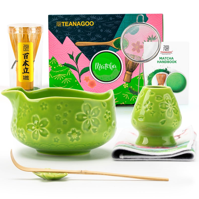 TEANAGOO 7-PCS Green Matcha Whisk Set, Complete Ceremony Start Kit, Ceramic Chawan Bowl with Spout, Whisk & Accessories, Traditional Matcha Tea Set for Lattes& Gift Giving - Image 1