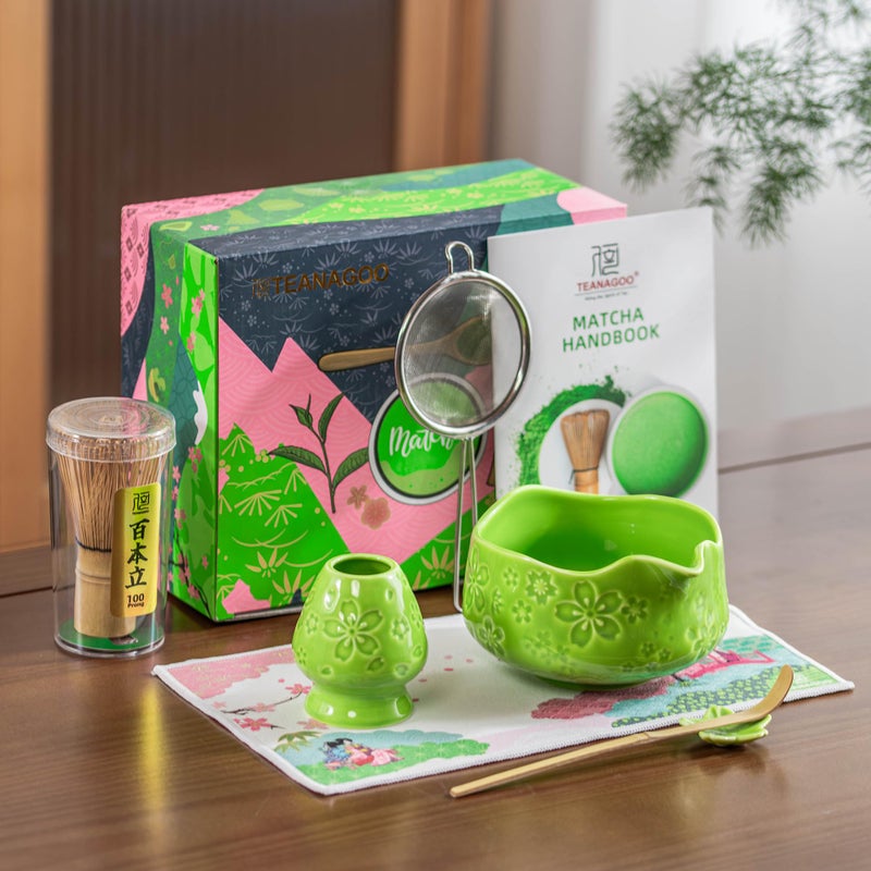 TEANAGOO 7-PCS Green Matcha Whisk Set, Complete Ceremony Start Kit, Ceramic Chawan Bowl with Spout, Whisk & Accessories, Traditional Matcha Tea Set for Lattes& Gift Giving - Image 5