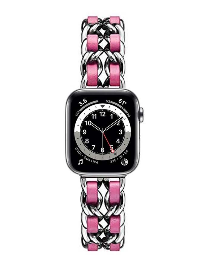 NIBEMINENT Chain Leather Replacement Band For Apple Watch Series 6/SE/5/4/3/2/1 Silver Red