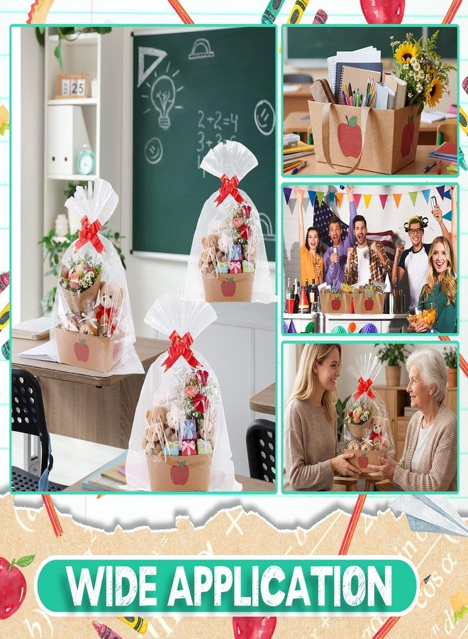 Funnymoom 6 Pcs Apple Kraft Basket for Gifts Empty with Handle Cellophane Bag Pull Bows Teachers Appreciation Basket Teacher Back to School Gift Box Birthday Wedding Party Favor Supplies, 9.8x6.5'' - Image 5