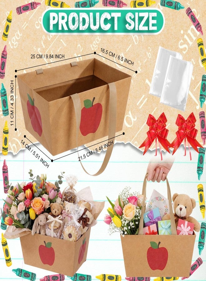 Funnymoom 6 Pcs Apple Kraft Basket for Gifts Empty with Handle Cellophane Bag Pull Bows Teachers Appreciation Basket Teacher Back to School Gift Box Birthday Wedding Party Favor Supplies, 9.8x6.5'' - Image 3