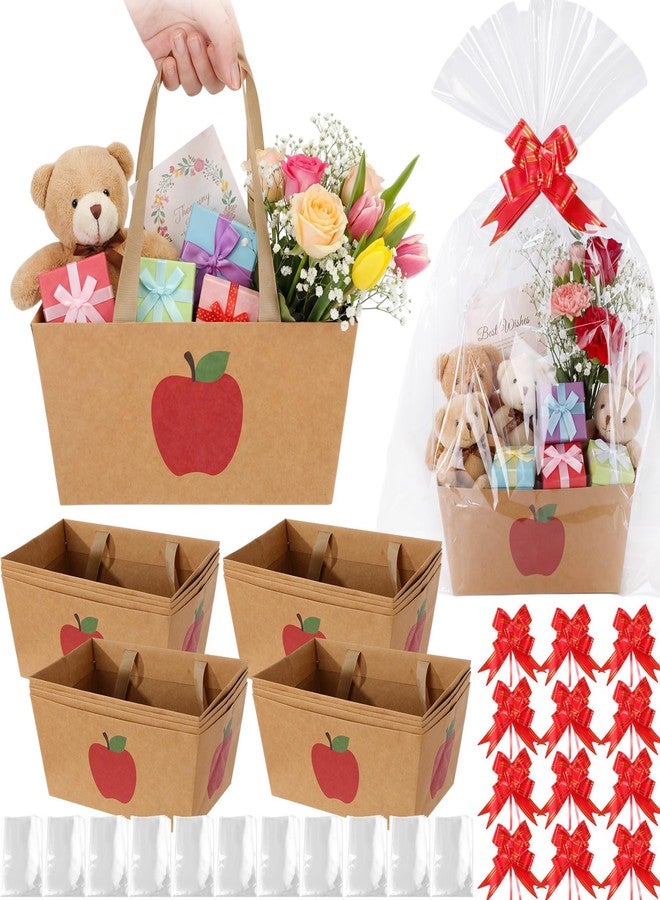 Funnymoom 6 Pcs Apple Kraft Basket for Gifts Empty with Handle Cellophane Bag Pull Bows Teachers Appreciation Basket Teacher Back to School Gift Box Birthday Wedding Party Favor Supplies, 9.8x6.5'' - Image 1