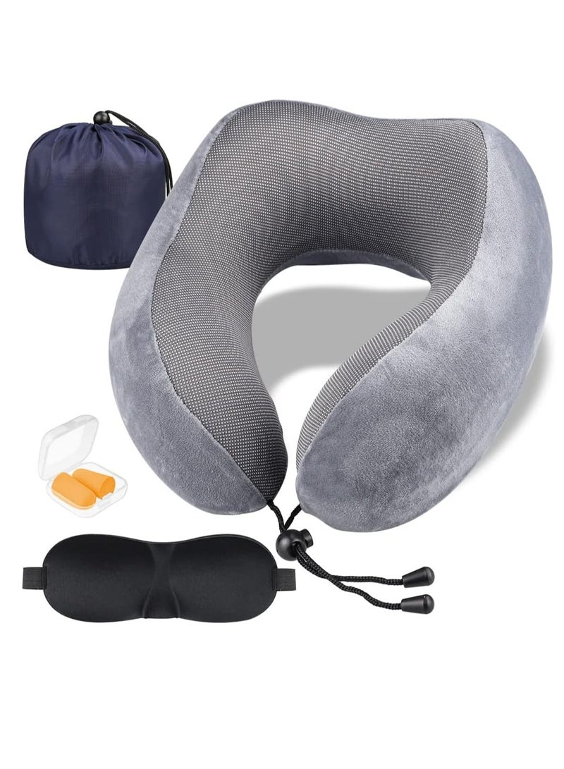 Toko Travel Neck Pillow | Grey | Memory Foam | Includes Eye Mask, Ear Plugs & Portable Bag |  Helps with Sleep on Airplanes, Cars, Home  - Image 1
