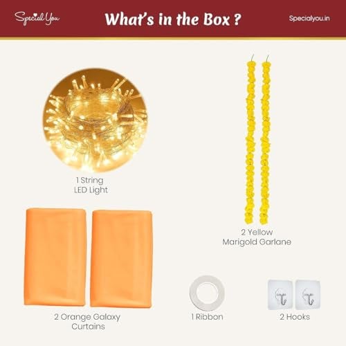 SpecialYou.in Special You Varamahalakshmi Decorative Items with Orange Curtains Backdrop for Decoration,Yellow Marigold Garland, varamahalakshmi Decorative Items Sets, Pooja Room Backdrop Decor- 8 Items - Image 2