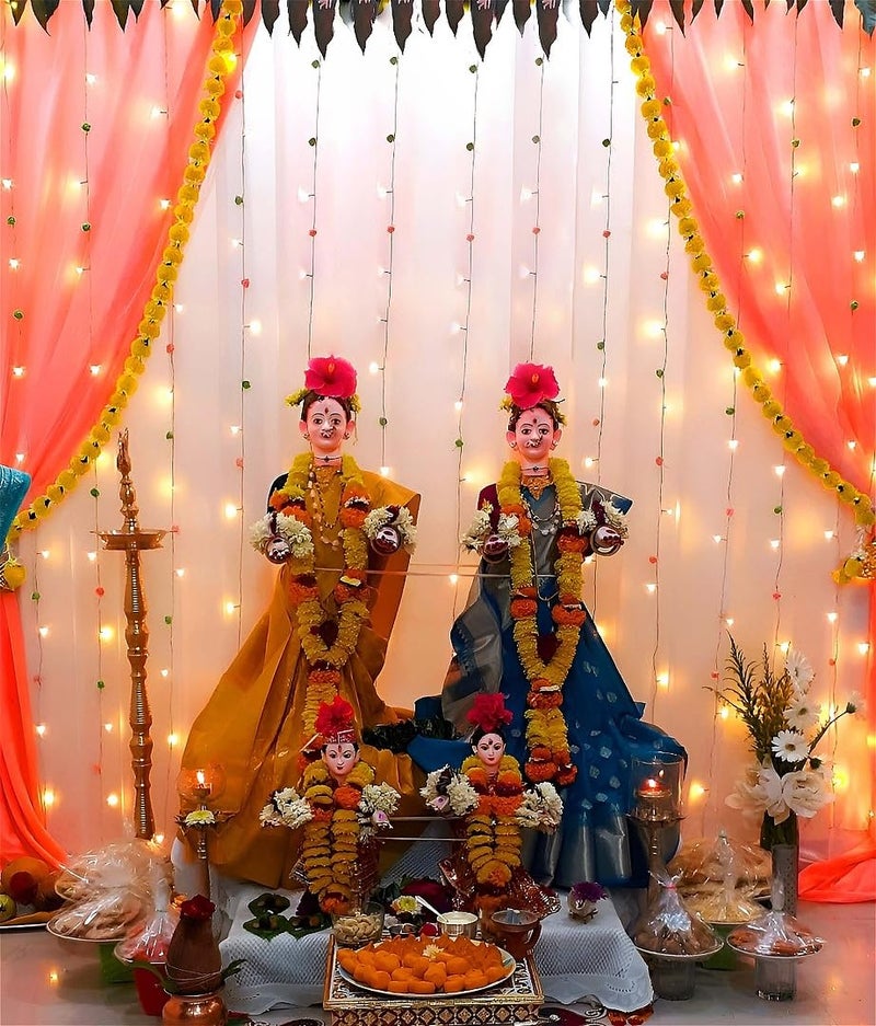 SpecialYou.in Special You Varamahalakshmi Decorative Items with Orange Curtains Backdrop for Decoration,Yellow Marigold Garland, varamahalakshmi Decorative Items Sets, Pooja Room Backdrop Decor- 8 Items - Image 1