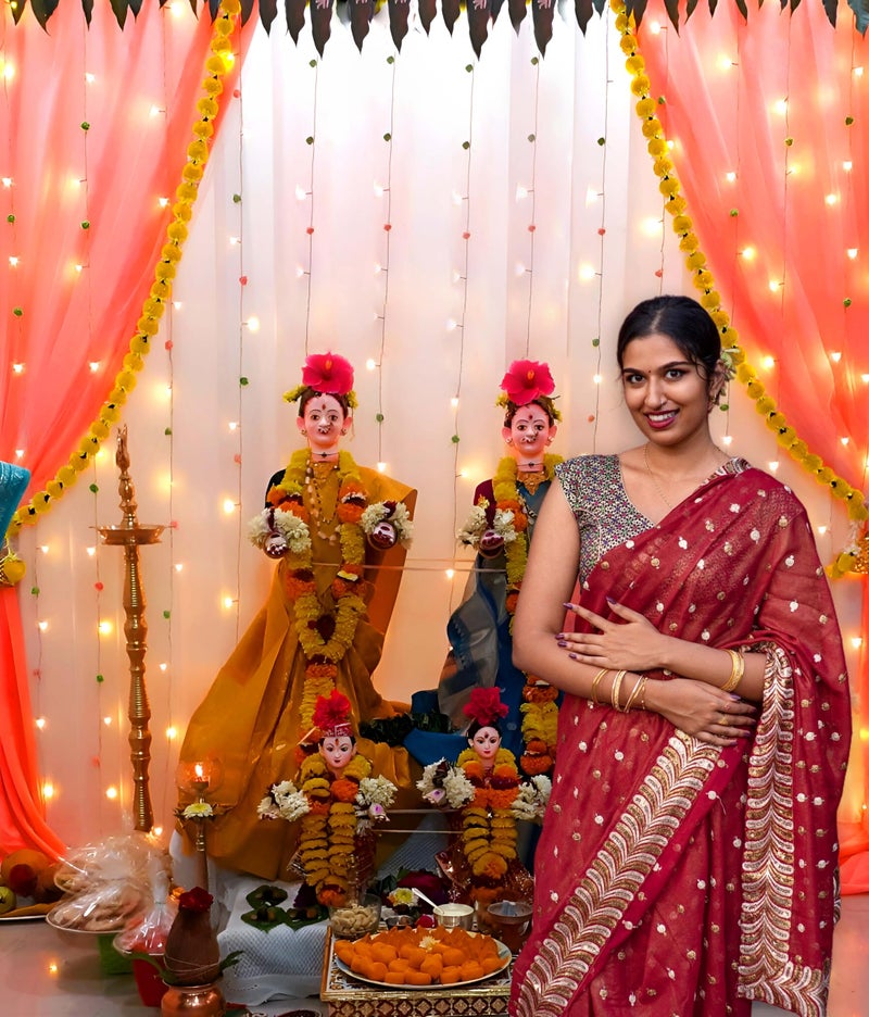 SpecialYou.in Special You Varamahalakshmi Decorative Items with Orange Curtains Backdrop for Decoration,Yellow Marigold Garland, varamahalakshmi Decorative Items Sets, Pooja Room Backdrop Decor- 8 Items - Image 4