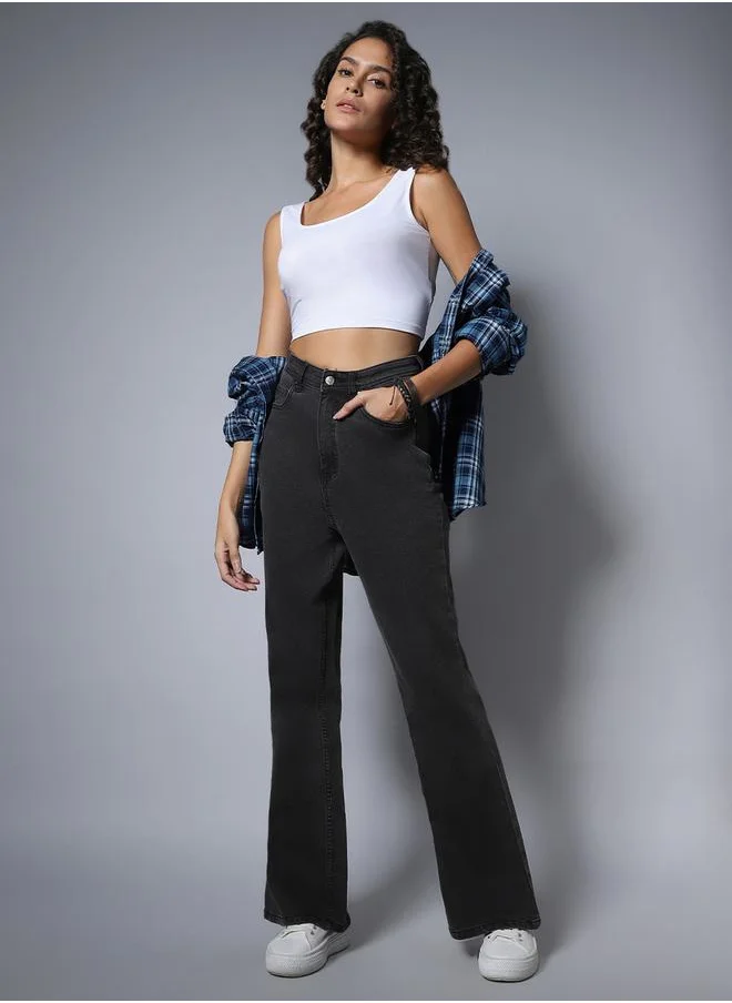 HIGH STAR Solid High Rise Flared Jeans with Pockets