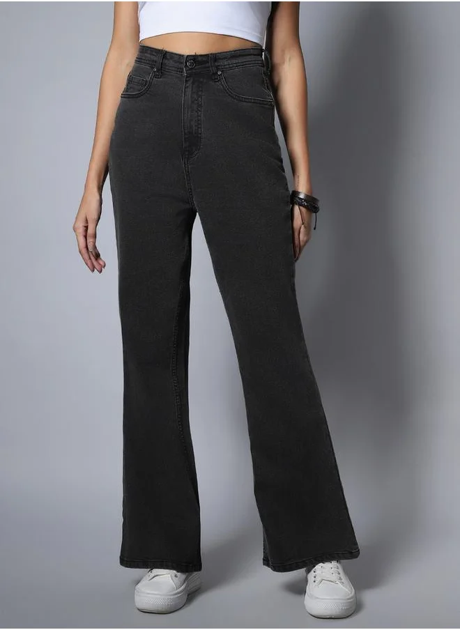 HIGH STAR Solid High Rise Flared Jeans with Pockets