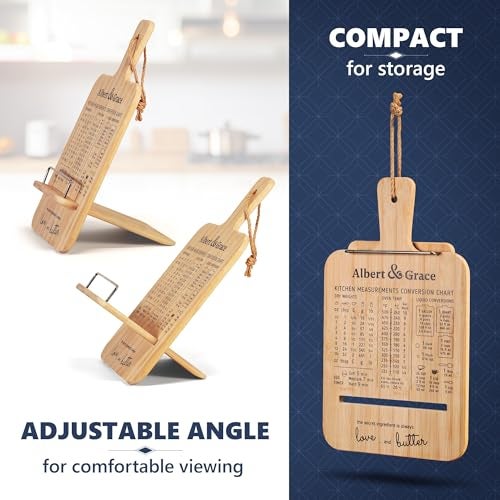 Albert&Grace Adjustable Bamboo Cookbook Stand with Conversion Chart – Recipe Book Holder for Kitchen Counter, Large Wooden Stand for Cookbooks, Tablets, & iPads - Image 4