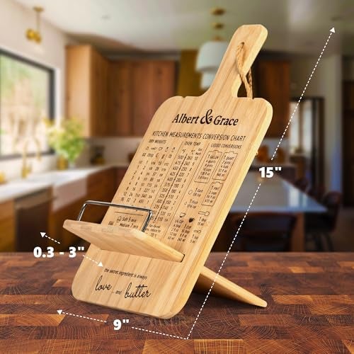 Albert&Grace Adjustable Bamboo Cookbook Stand with Conversion Chart – Recipe Book Holder for Kitchen Counter, Large Wooden Stand for Cookbooks, Tablets, & iPads - Image 3