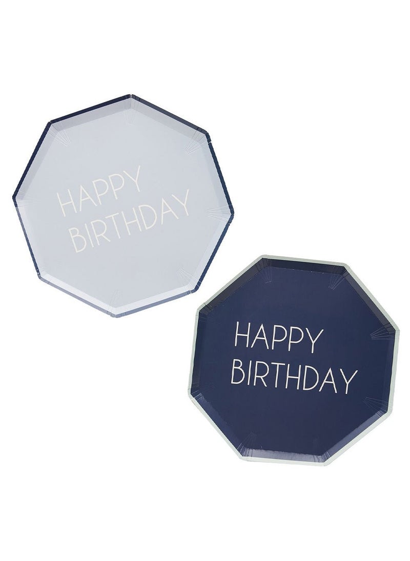 Ginger Ray Happy Birthday Disposable Paper Plates Navy Mix 25cm 8-Pack - Image 1