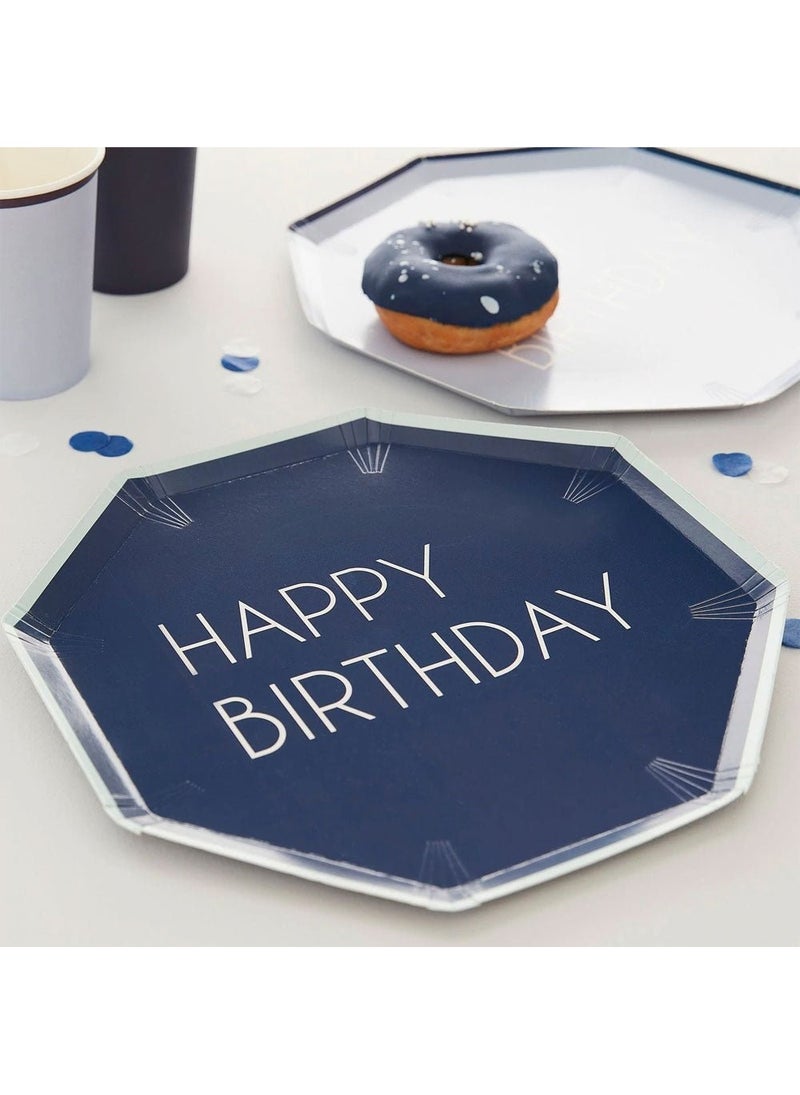 Ginger Ray Happy Birthday Disposable Paper Plates Navy Mix 25cm 8-Pack - Image 2