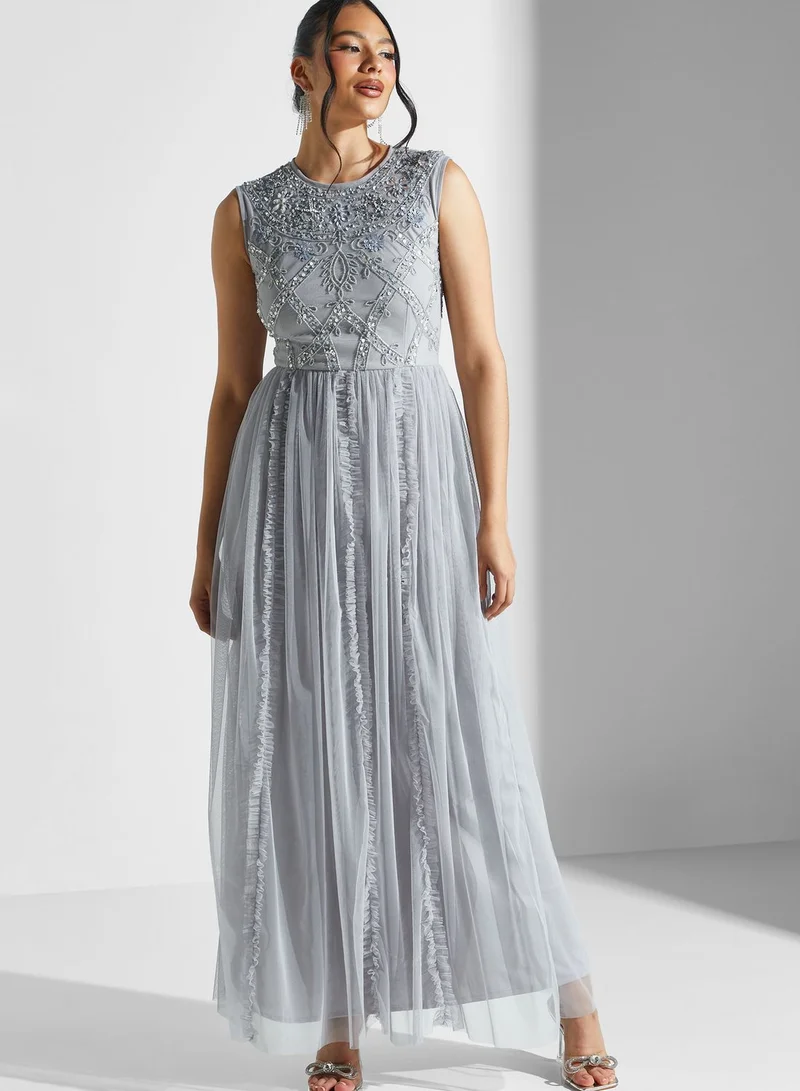 Lace and Beads Embellished Plisse Mesh Dress