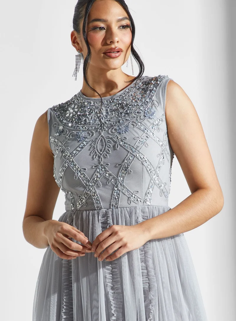 Lace and Beads Embellished Plisse Mesh Dress