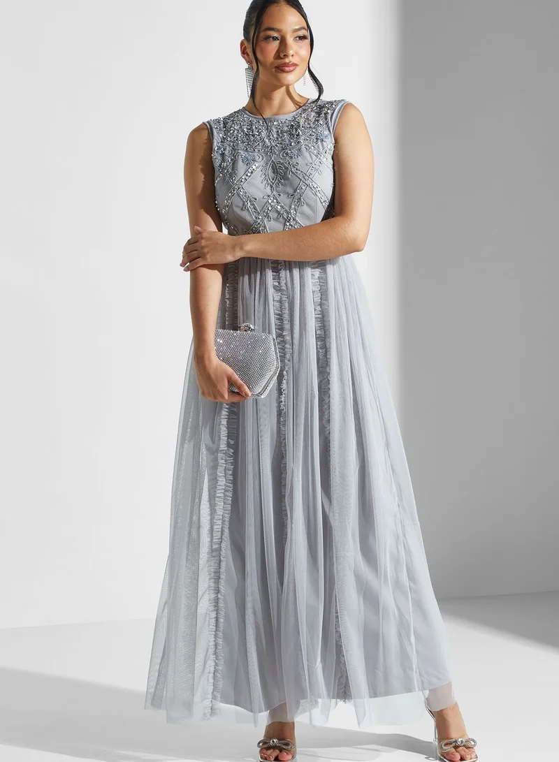 Lace and Beads Embellished Plisse Mesh Dress
