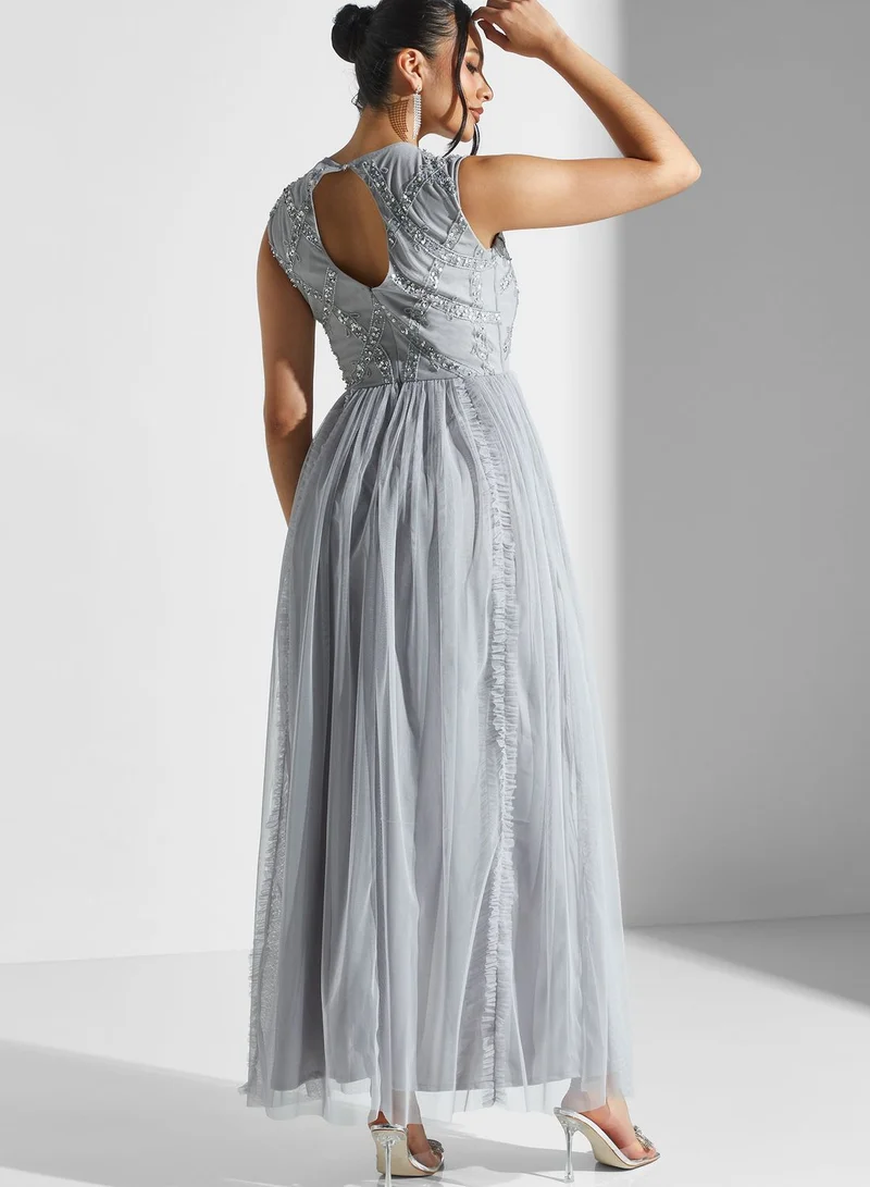 Lace and Beads Embellished Plisse Mesh Dress