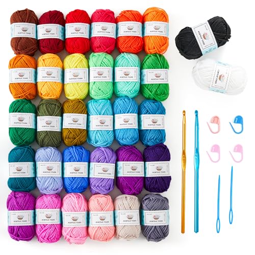 Inscraft طقم خيوط الكروشيه من إنسكريفت للمبتدئين، 1440 ياردة، 32 لون من خيوط الأكريليك، 2 إبرة كروشيه، 2 إبرة نسج، 4 علامات غرز، 1 حقيبة، للكروشيه والحياكة، هدية للبالغين - Image 1