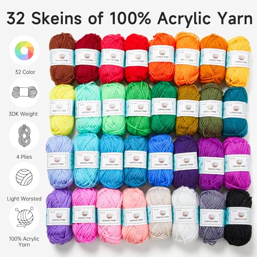 Inscraft طقم خيوط الكروشيه من إنسكريفت للمبتدئين، 1440 ياردة، 32 لون من خيوط الأكريليك، 2 إبرة كروشيه، 2 إبرة نسج، 4 علامات غرز، 1 حقيبة، للكروشيه والحياكة، هدية للبالغين - Image 3