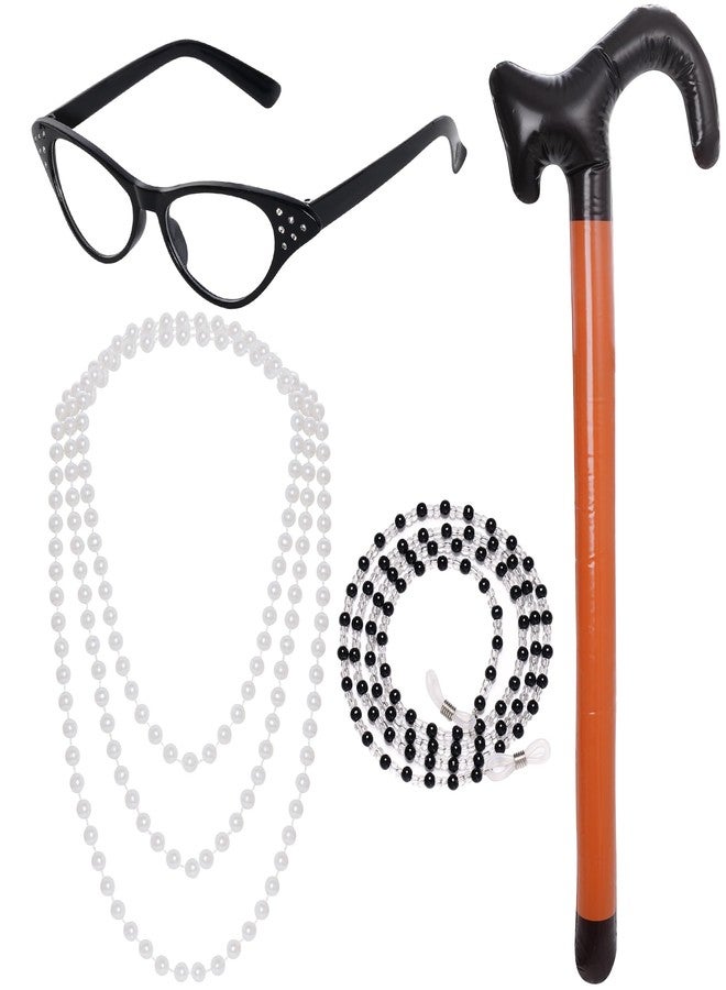 Dxhycc Old Lady Costume for Kids Granny Dress Up Accessories Including Cat Eye Glasses Chain Faux Pearl Necklace Inflatable Cane - Image 1