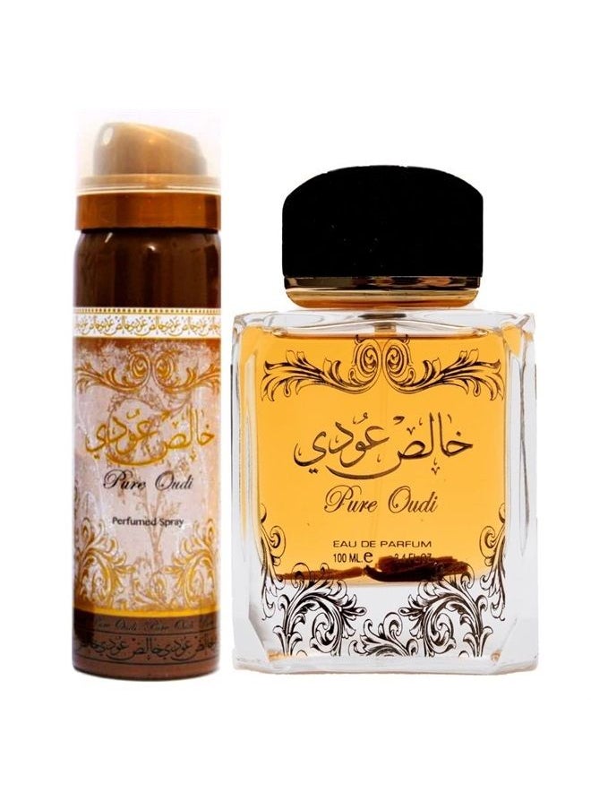Lattafa Perfumes Lattafa Pure Oudi (Khalis Oudi) 2 Piece Set for Unisex (3.4 Ounce Eau de Parfum Spray + 1.7 Ounce Perfumed Body Spray)  - Image 1