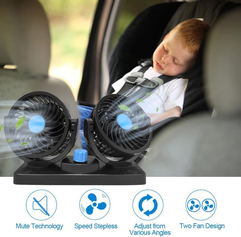 Cooling Car Fan, 12V Electric 2 Speed Dual Head Fans for Seat Passenger Portable Vehicle Fan, 360° Rotatable Cooling Air Fan 12V Cigarette Lighter - Image 3