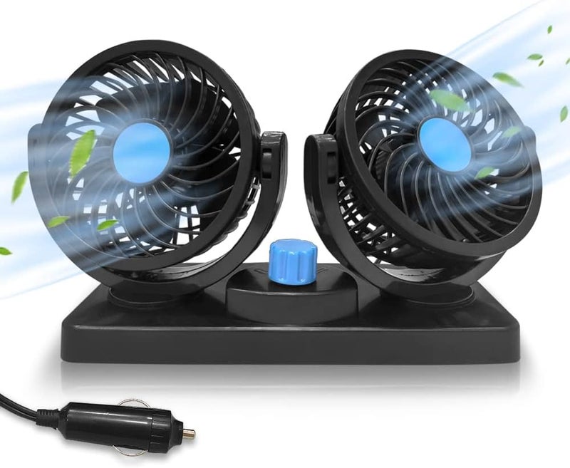 Cooling Car Fan, 12V Electric 2 Speed Dual Head Fans for Seat Passenger Portable Vehicle Fan, 360° Rotatable Cooling Air Fan 12V Cigarette Lighter - Image 1
