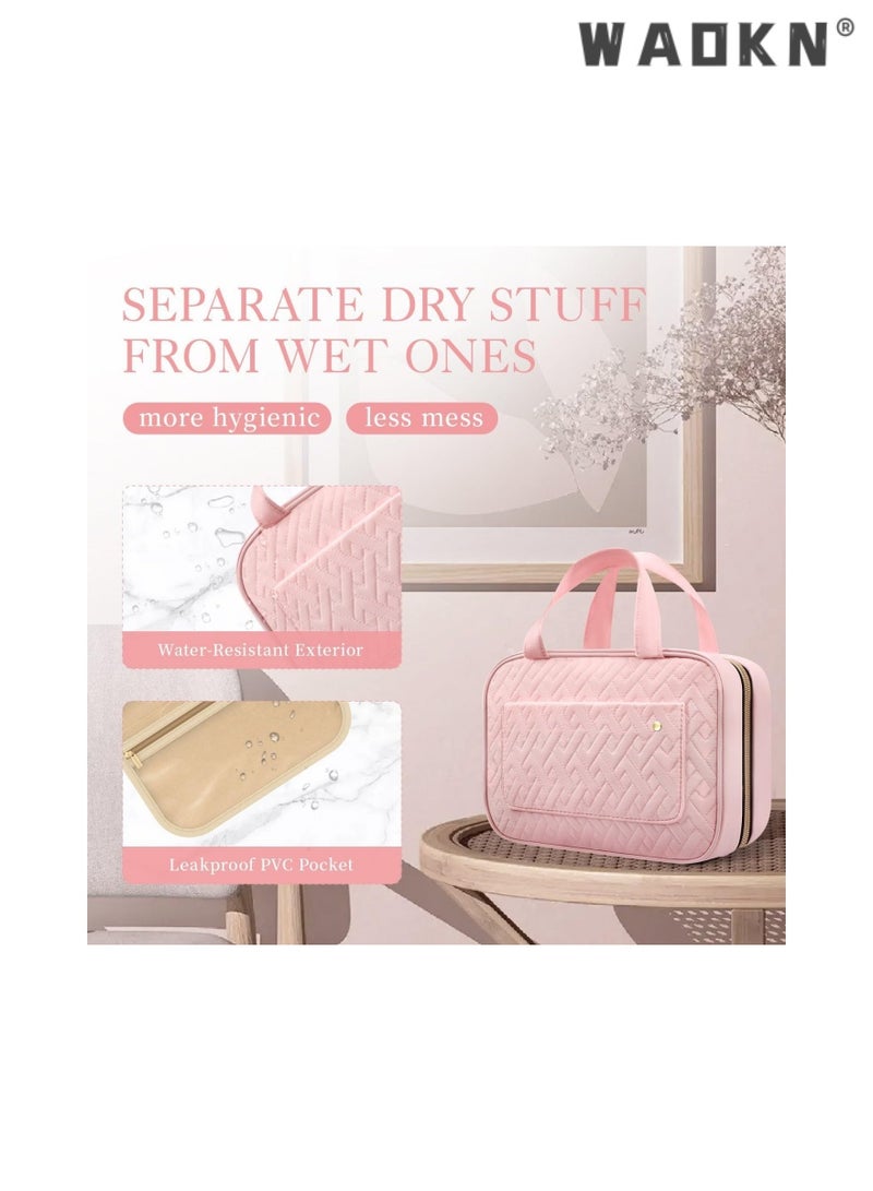 دبليو أيه أو كي أن حقيبة أدوات الزينة ذات السعة الكبيرة حقيبة سفر مع خطاف معلق ، حقيبة مستحضرات تجميل محمولة مقاومة للماء حقيبة غسيل نسائية للسفر منظم السفر للإكسسوارات شاور جل شامبو ، أدوات النظافة (وردي) - Image 4