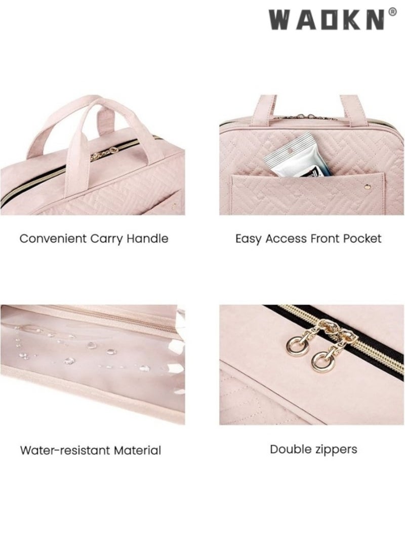 دبليو أيه أو كي أن حقيبة أدوات الزينة ذات السعة الكبيرة حقيبة سفر مع خطاف معلق ، حقيبة مستحضرات تجميل محمولة مقاومة للماء حقيبة غسيل نسائية للسفر منظم السفر للإكسسوارات شاور جل شامبو ، أدوات النظافة (وردي) - Image 2