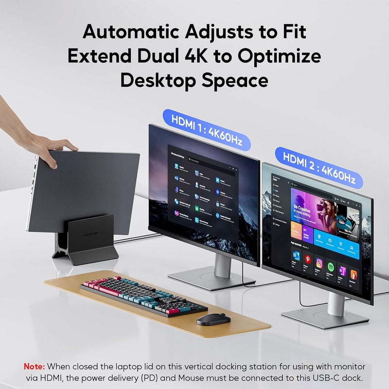 PULWTOP محطة إرساء لابتوب USB-C مع شاشة مزدوجة، 11 في 1 قاعدة رأسية مع 2 HDMI 4K، 3 USB A/C 10Gbps، 2 USB-A 5Gbps، USB A 2.0، إيثرنت، حامل محطة إرساء لأجهزة لابتوب من نوع USB-C - أسود - Image 4