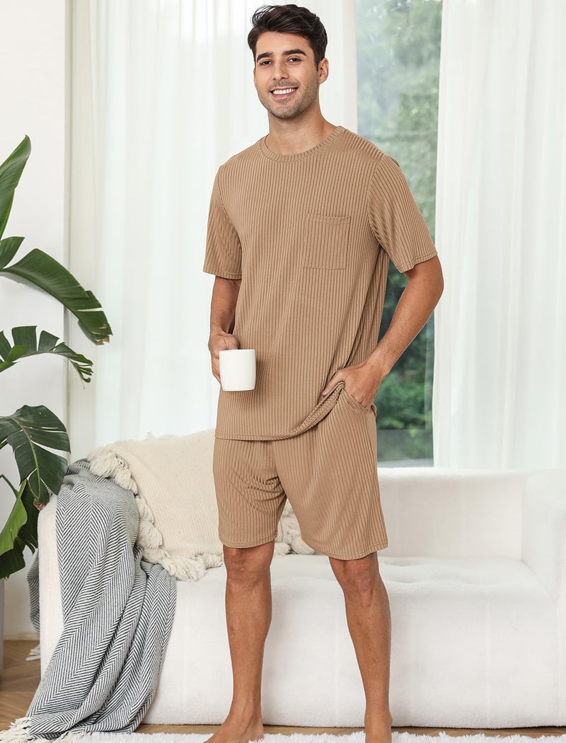 EISHOPEER Men's Sleep Sets Knit Pajamas Set Ultra Soft Sleepwear Short Sleeve Top & Bottom PJS Lounge Set 2 pieces Khaki Medium - Image 2