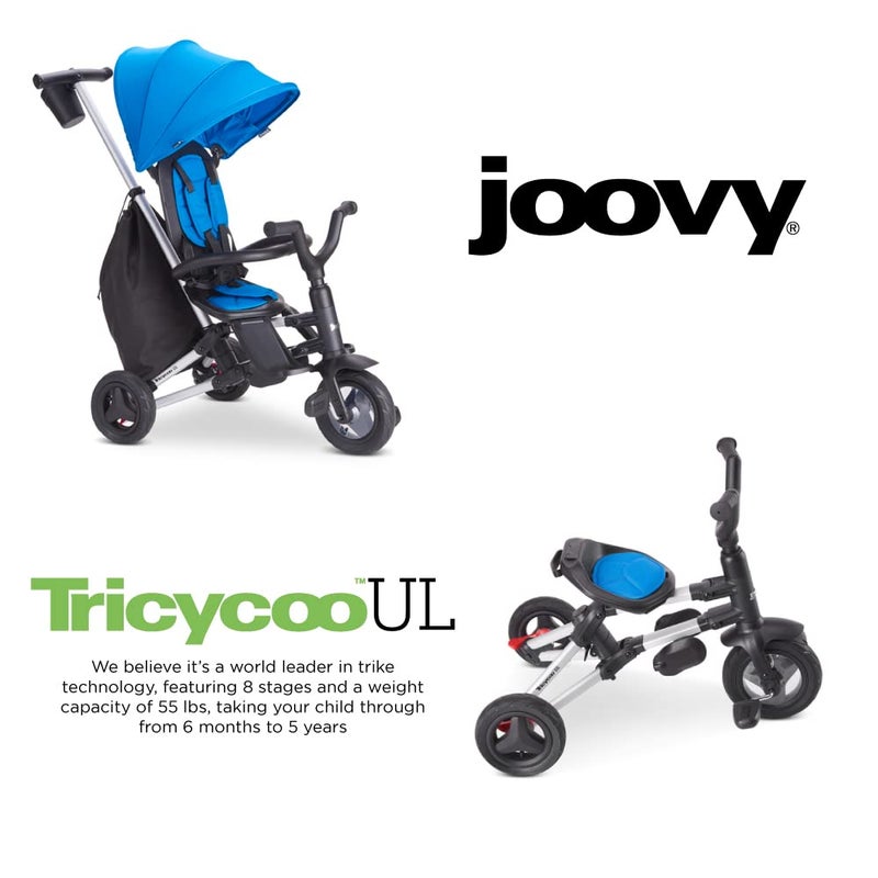 Joovy Tricycoo UL Kids Tricycle with 8 Stages Featuring 3 Rubber Tires Removable and Adjustable Parent Handle Safety Harness 3Position Recline Seat and Retractable Canopy Blueness - Image 4