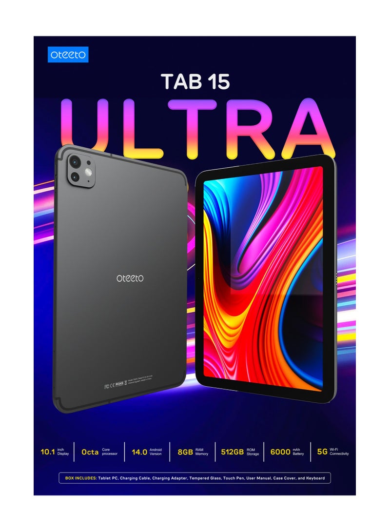 OTEETO TAB 15 Tablet ULTRA /10.1 Inch/4G SIM/iOS Style Operating System/5G Dual SIM/Octa Core Processor/Included Flip Cover&Keyboard/8GB RAM + 512 GB ROM/Android 13/6000 mAh/8MP Front+13 MP Rear (Black)
