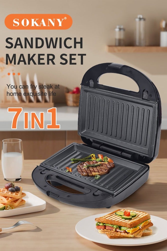 sokany 7-In-1 Sandwich Makers,Non-Stick Multi Snack Maker with Detachable Sandwich/Grill/Waffle/Donut/Nutty/ Cookies/Shell Cake Plates | Indicator Light with Auto Cut-OFF feature | Anti-skid Feet 750 W SK-B907 Black/Silver - Image 2
