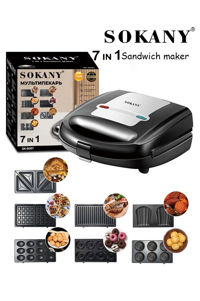 sokany 7-In-1 Sandwich Makers,Non-Stick Multi Snack Maker with Detachable Sandwich/Grill/Waffle/Donut/Nutty/ Cookies/Shell Cake Plates | Indicator Light with Auto Cut-OFF feature | Anti-skid Feet 750 W SK-B907 Black/Silver - Image 1
