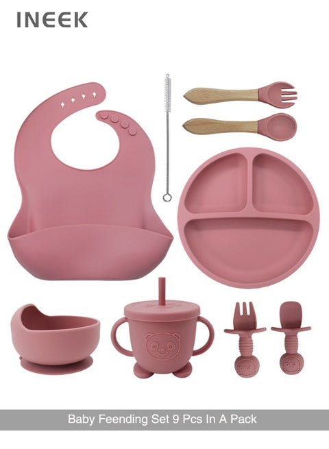 9 Piece  Baby Led Weaning Supplies Silicone Feeding Set  Baby Toddler Bib Cup Divided Plate and Bowl Self Feeding Spoons Dish Set  Baby Utensils |Toddler Feeding Supplies