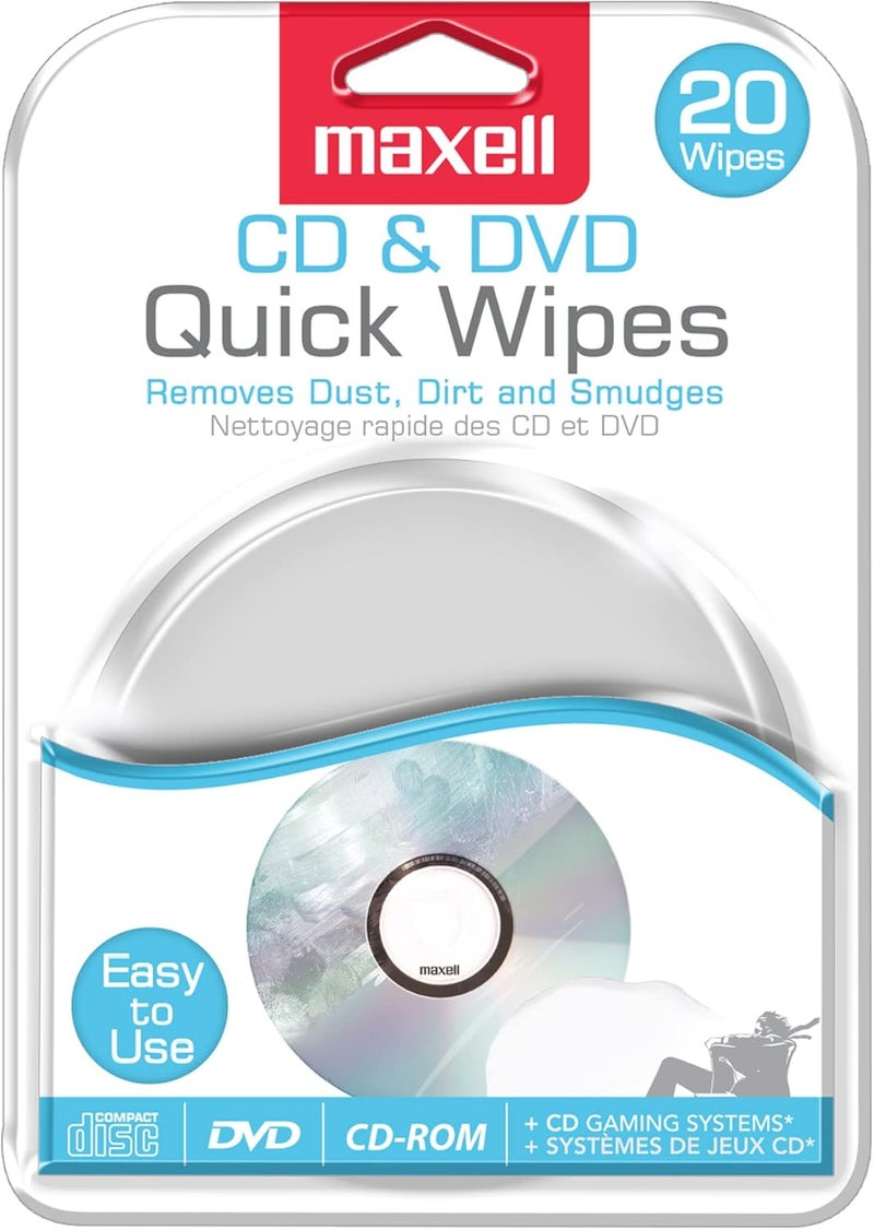 Maxell Maxell CD  DVD Quick Wipes Remove Dirt dust and smudges Great for DVDs CDs Playstation Discs and Xbox Discs 20PK 190511 - Image 1