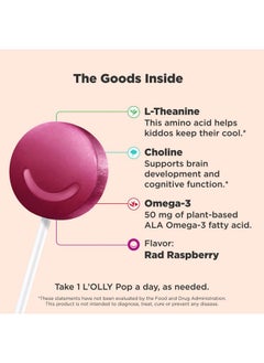 OLLY OLLY Mellow Buddies L’OLLY Pops, Omega-3 ALA, L-Theanine, Choline, Kids Supplement Lollipops, Supports a Calm Mood & Healthy Brain Function, Vegetarian, Raspberry, 25 Count  - Image 2