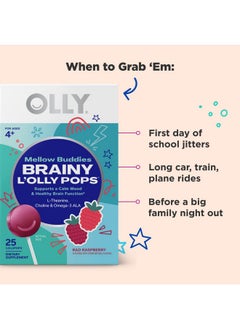 OLLY OLLY Mellow Buddies L’OLLY Pops, Omega-3 ALA, L-Theanine, Choline, Kids Supplement Lollipops, Supports a Calm Mood & Healthy Brain Function, Vegetarian, Raspberry, 25 Count  - Image 3
